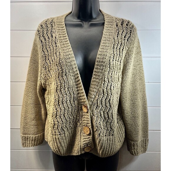 VTG Y2K Chunky Open Knit Lagenlook Slouchy Cardigan Sweater Womens L/XL Khaki - Picture 1 of 10